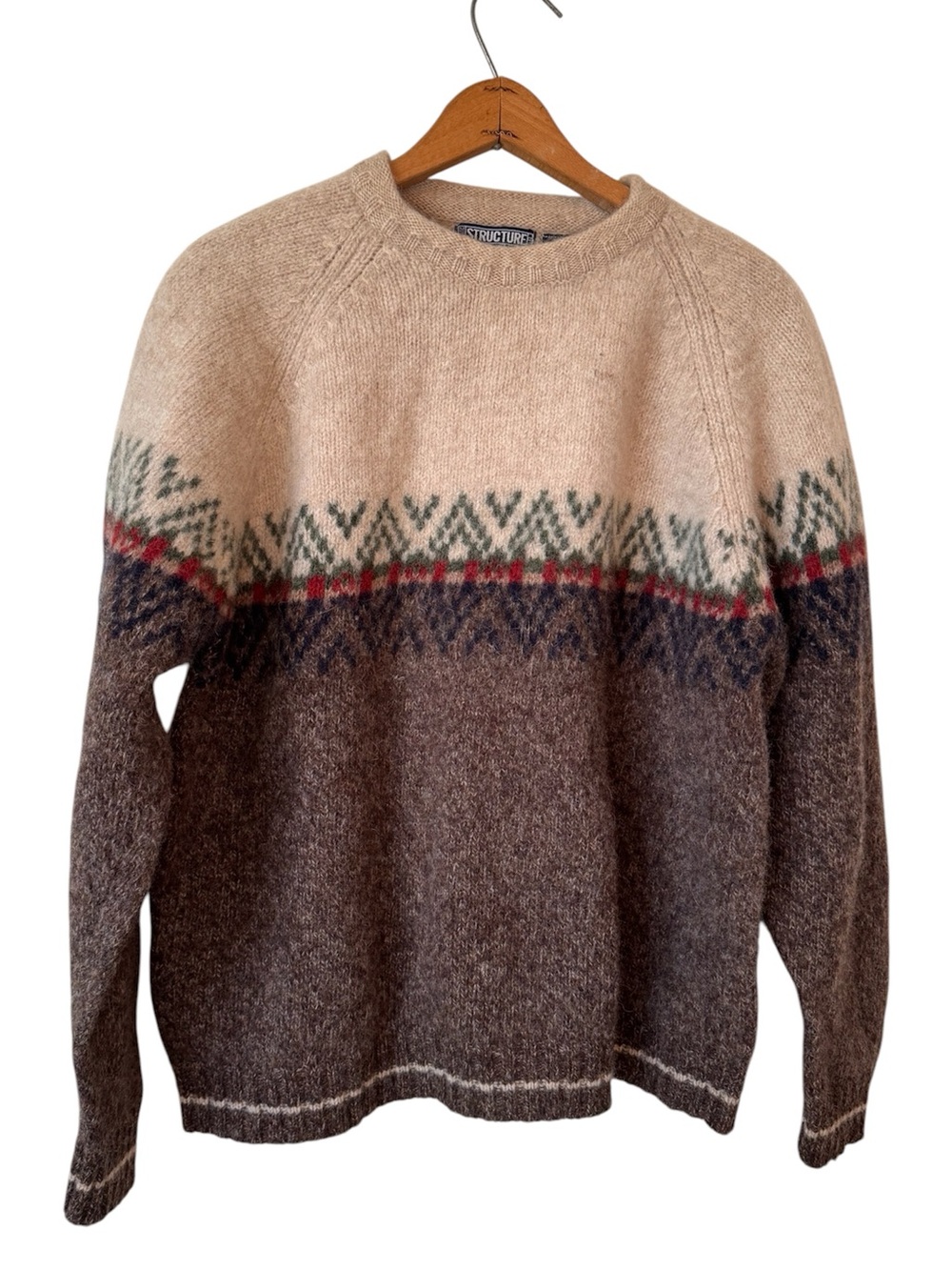 Vintage 90s Structure 100% Wool Fair Isle Nordic Sweater Grandpa Cozy Cabin
